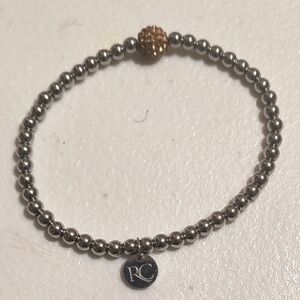 Rustic Cuff Silver Tone Metal Bead with Shamballa Bead Accent Stretch Bracelet